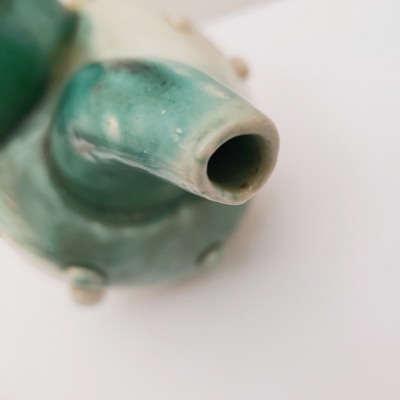 Hand Crafted Artisan Whimsical Pottery Teapot Teal Cream - Picture 9 of 12